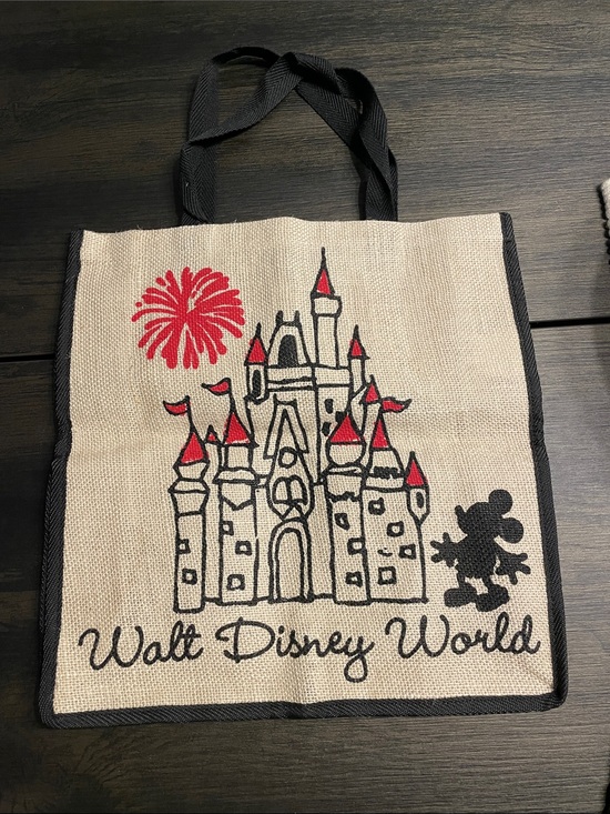 Disney Handbags - Disney Beige Burlap Castle Tote with Red and Black Accents